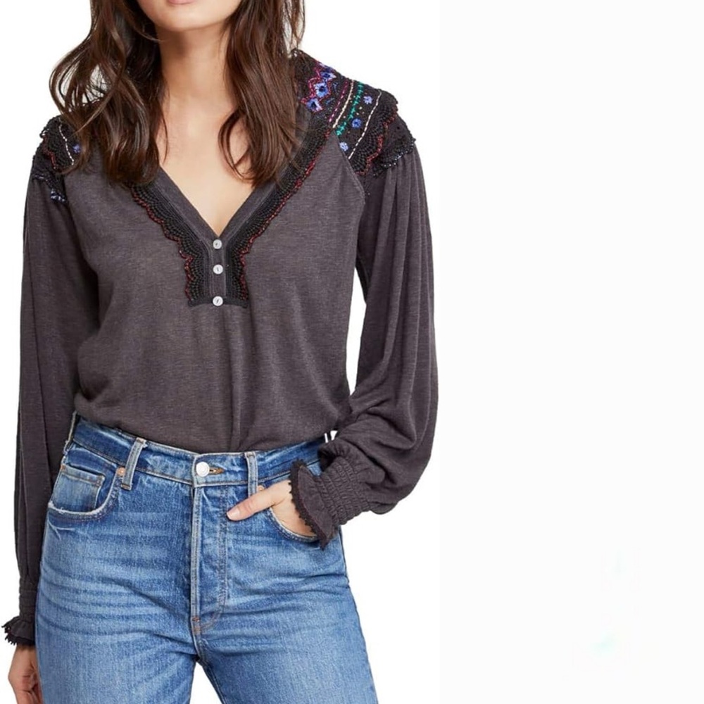 Free People Siesta Fiesta Embroidered Peasant Henley